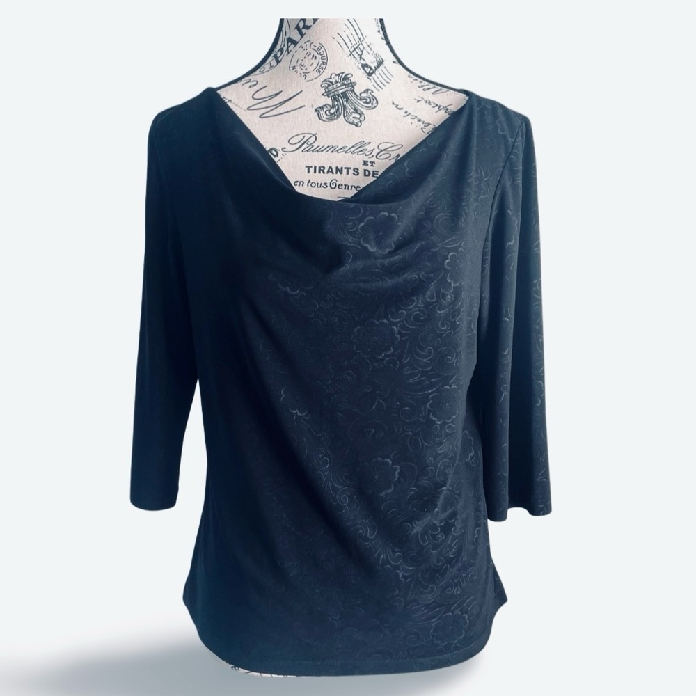 Vintage 90s Jessica Black Damask Cowl Neck Blouse Soft Goth Minimalist Medium